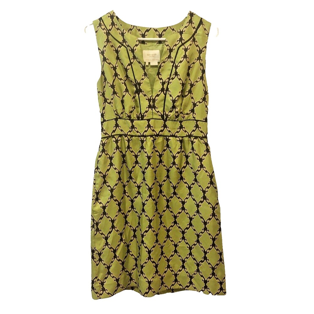 Kate Spade Women's 2 Silk Shift Lined Dress Green Pockets Side Zip Quatrefoil